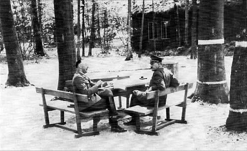 Adolf Hitler in conversation with Heinrich Himmler in Führerhauptquartier Wolfsschlucht I in Brûly-de-Pesche, Belgium